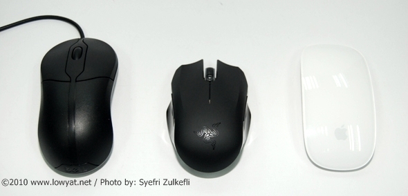 Size comparison (L-R): Dell OEM mouse, Razer Orochi and Apple Magic Mouse